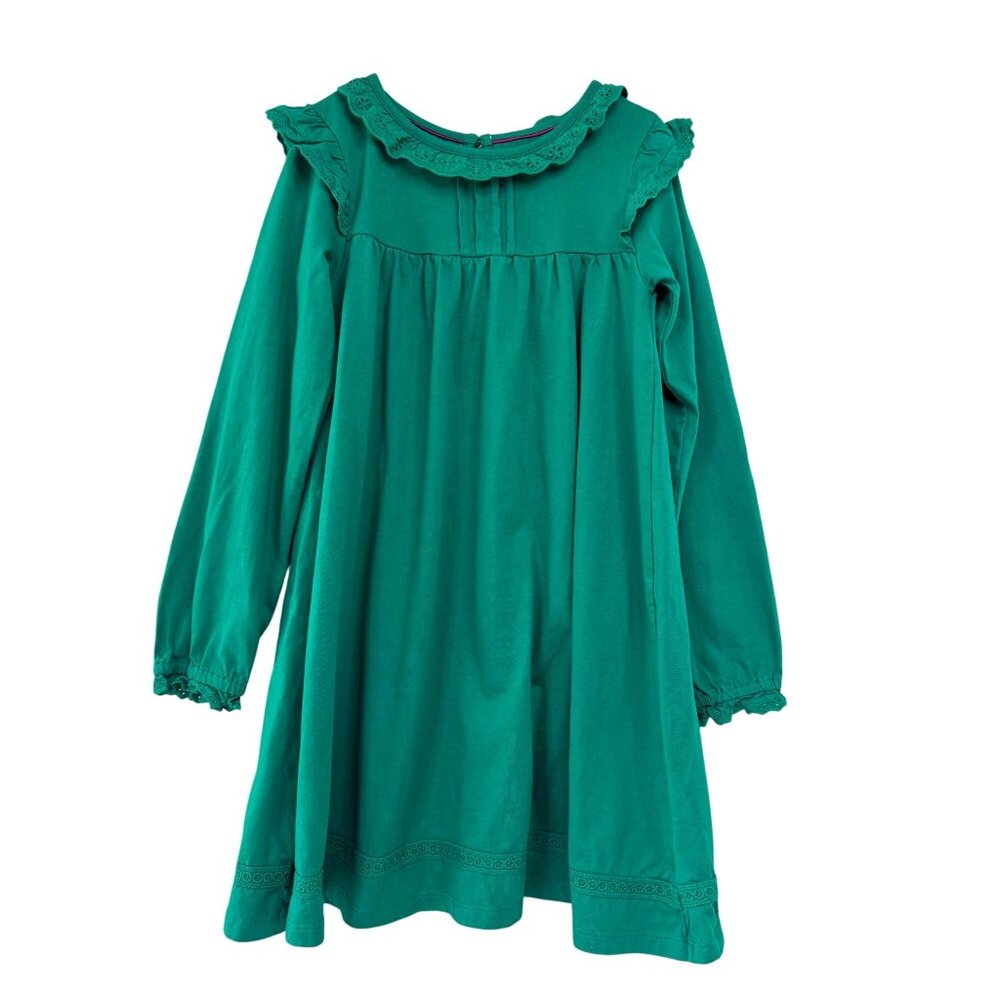 MINI BODEN Broderie Green Dress Girls 7-8 128 Cotton Long Sleeve Ruffles Eyelet